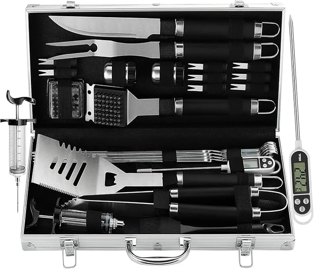 Grilljoy 24PCS BBQ Grill Tools Set with Meat Thermometer and Injector - Extra Thick Stainless Steel Fork, Spatula& Tongs -