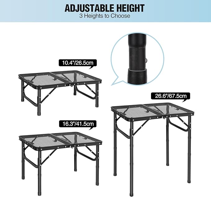 RedSwing Folding Grill Table, Lightweight Height Adjustable Aluminum Table with Mesh Desktop and Mesh Bag for Outdoor