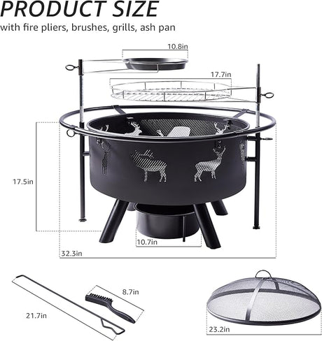 NATURAL EXPRESSIONS 32 Inch Large Fire Pit with 2 Grills, Outdoor Wood Burning Fire Pit with Cooking Grate, Lid, Poker and