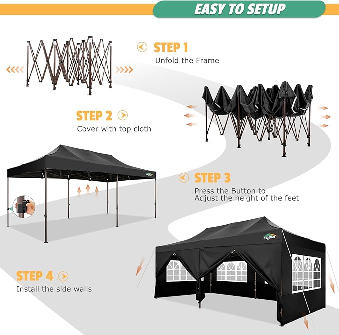 COBIZI 10x20 Pop Up Canopy Heavy Duty with 6 Sidewalls, Commercial Heavy Duty Pop Up Tent for Parties All Weather Waterproof