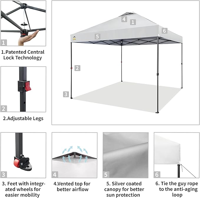 CROWN SHADES 10x10 Pop Up Canopy - Patented Center Lock One Push Instant Outdoor Canopy Beach Tent with STO-N-Go Bag 8