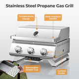 R.W.FLAME Premium 3 Burner Tabletop Propane Gas Grill Stainless Steel Portable Outdoor BBQ Grill with Griddle,24,000 BTU