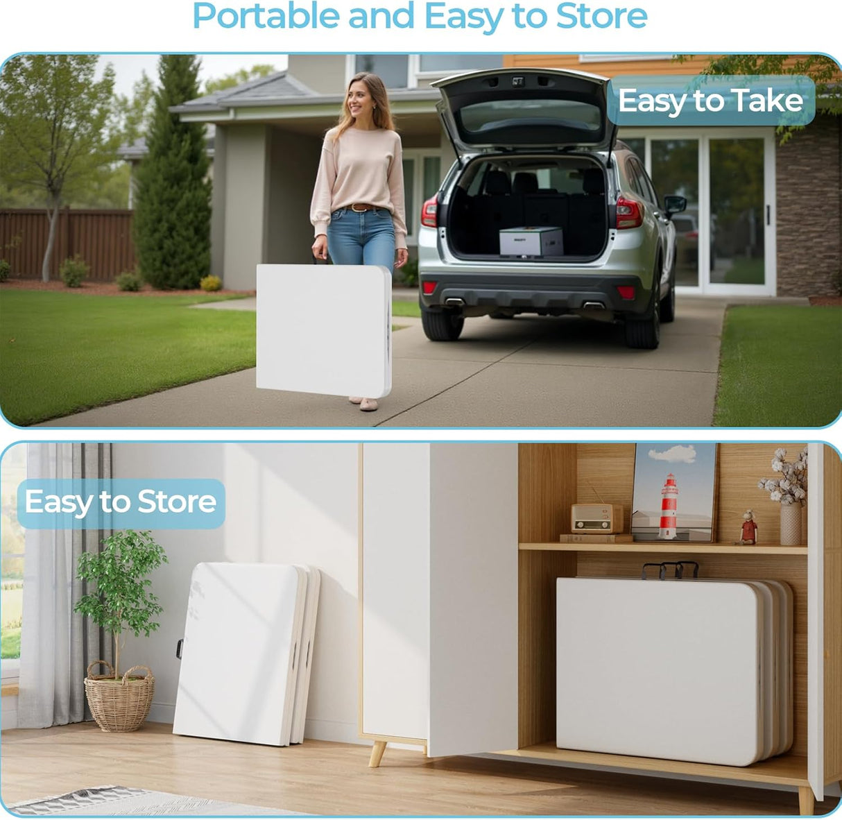 6ft Folding Table, Outdoor Foldable Table with HDPE Tabletop, Safety Locks, Easy to Carry and Store, No-Assembly Camping