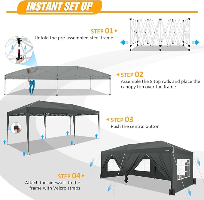 HOTEEL 10x20 Pop up Canopy with 6 Sidewalls, One Push Instant Setup Outdoor Canopy Tent with Reinforce Rod, Weight Bag, for