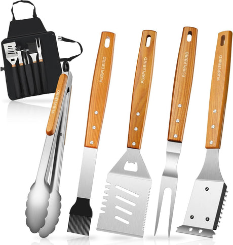 PURPLEBIRD Grill Utensils Set with Brush - 5pcs Grilling Tools Set with Bag Apron, Heavy Duty BBQ Tool Sets with Long Wood