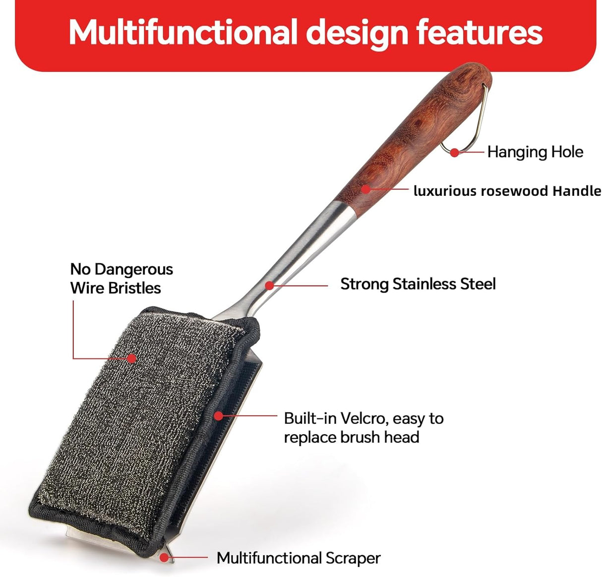 Bristle-Free Steam Cleaning Grill Brush,with Extended Luxurious Rosewood Handle and 1 Replacement Head,BBQ Grill Cleaning