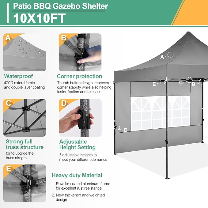 COBIZI 10x10 Pop Up Canopy Tent with 4 sidewalls Commercial Heavy Duty Canopy UPF 50+ All Weather Waterproof Outdoor Canopy