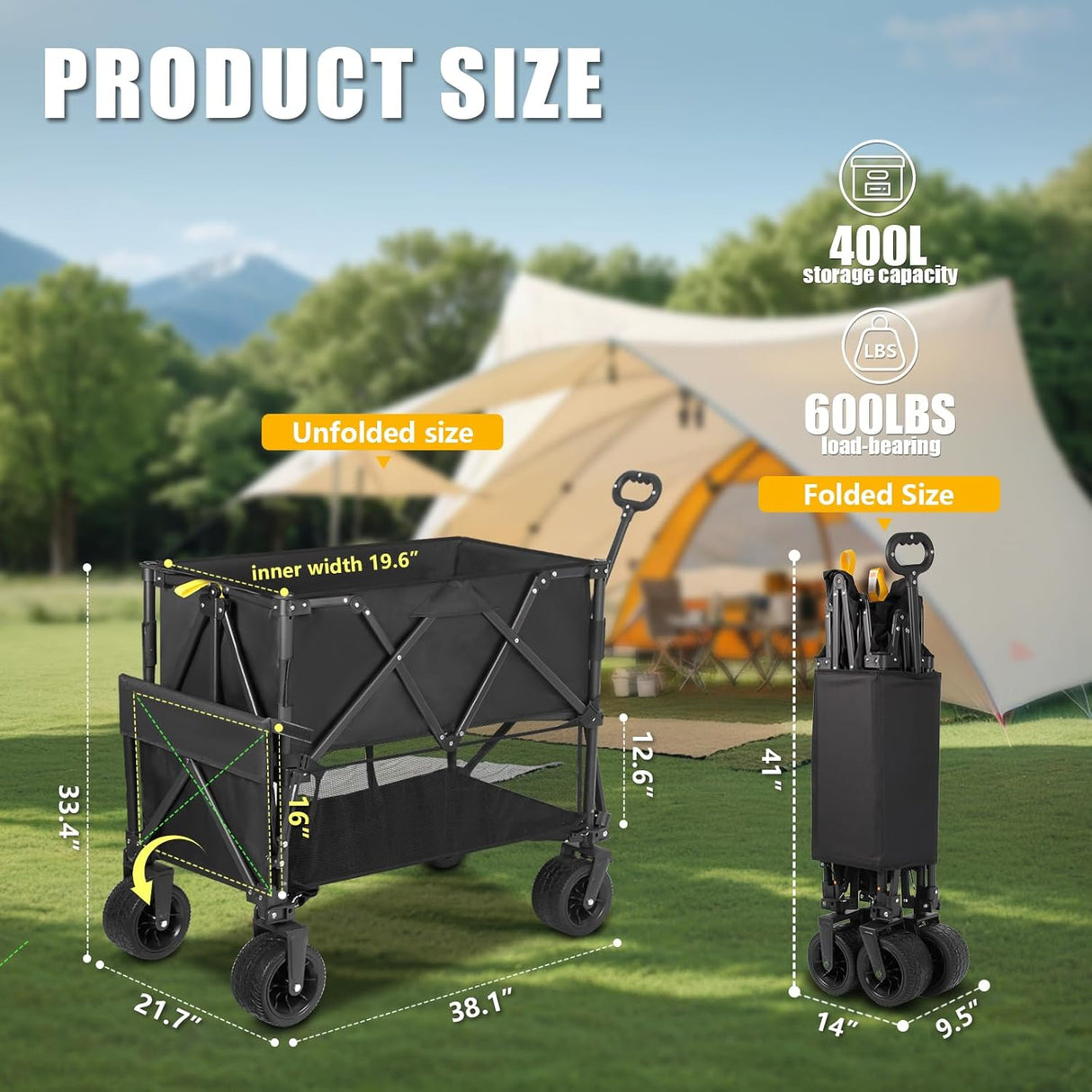 Double Decker Wagon Heavy Duty Collapsible, 600LBS 400L Capacity Foldable Utility Cart with Big Wheels for Beach, Outdoor,