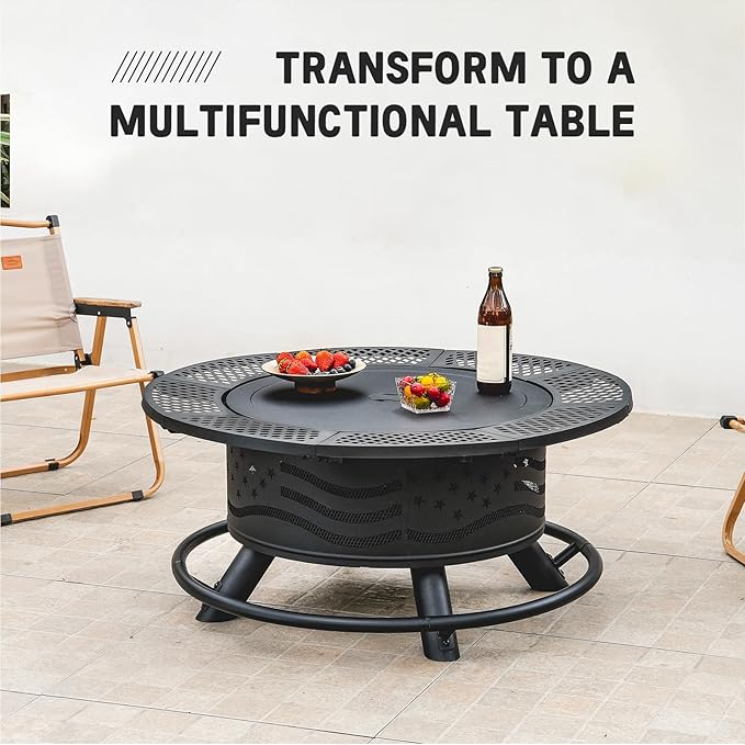 36 Inch Fire Pit with 2 Cooking Grates, Outdoor Wood Burning BBQ Grill Firepit Bowl with Cover Lid, Steel Round Table for