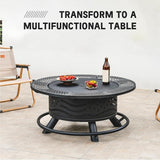 36 Inch Fire Pit with 2 Cooking Grates, Outdoor Wood Burning BBQ Grill Firepit Bowl with Cover Lid, Steel Round Table for