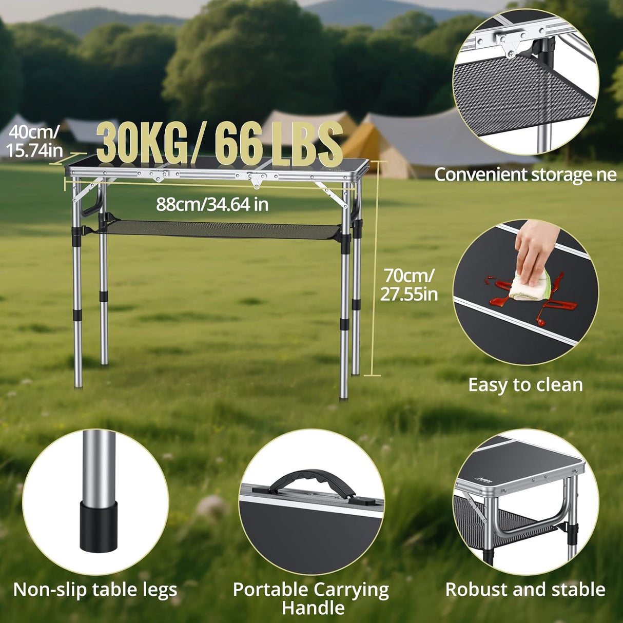 Folding Camping Table with Storage Net, 3ft Camping Table Aluminum Folding Table with 3 Adjustable Height Max 27.1 Inch
