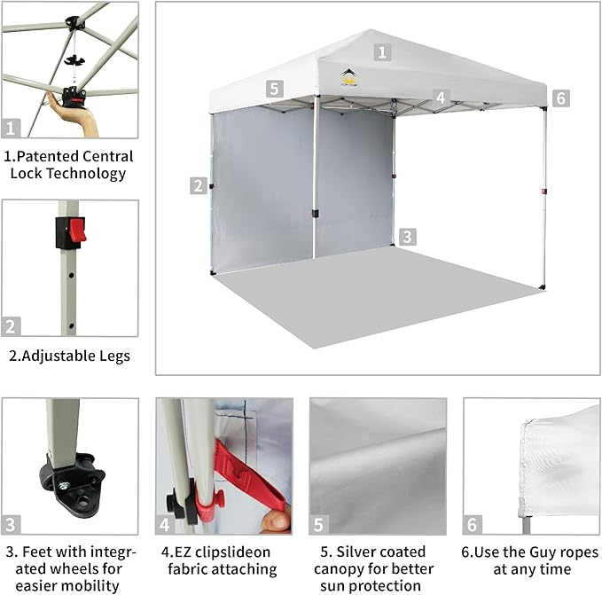 CROWN SHADES 8x8 Pop Up Canopy with 1 Side Wall - Beach Tent with One Push Setup - Outdoor Sun Shade for Events, Parties,