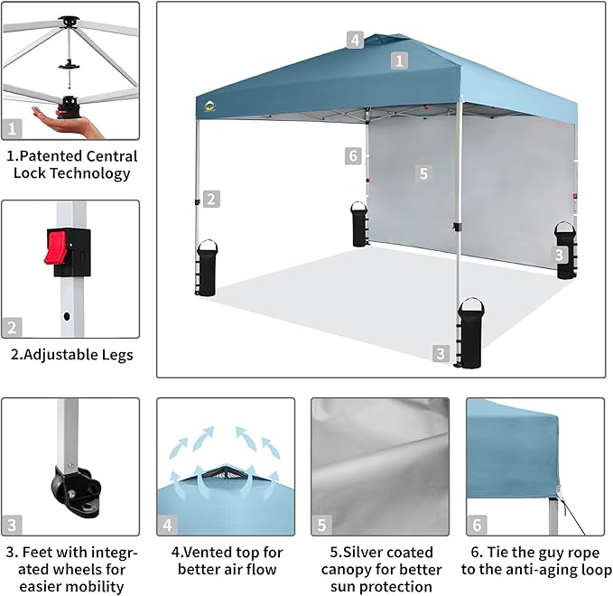 CROWN SHADES 10x10 Pop Up Canopy with 1 Side Wall - Beach Tent with One Push Setup - Outdoor Sun Shade for Events, Parties,