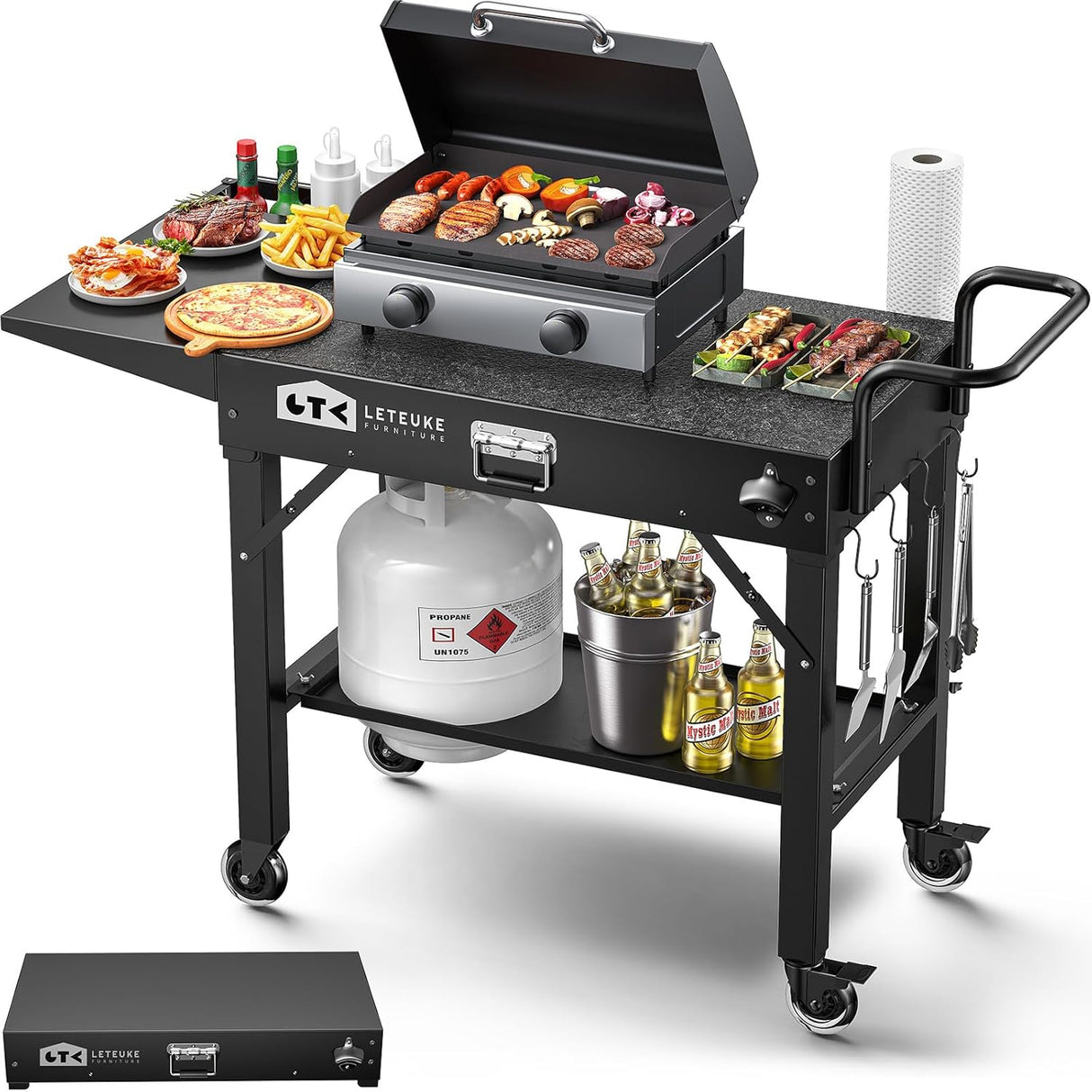 Leteuke Grill Cart for Blackstone Griddle, Portable Outdoor Grill Table, Foldable Cart Table with Wheels for Ninja, Griddle