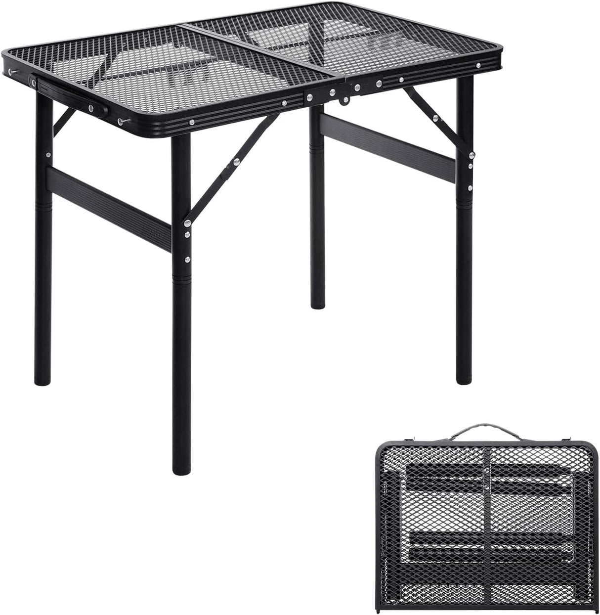 Small Folding Table 2FT Grill Table Foldable Camping Table Picnic Portable Mesh 2 Height Adjustable Outdoor Beach BBQ Black