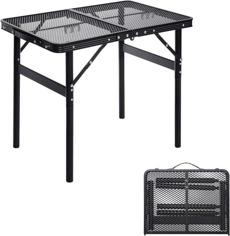 Grill Table Small Folding Table 2FT Foldable Camping Table Picnic Portable Mesh 2 Height Adjustable Outdoor Beach BBQ Black