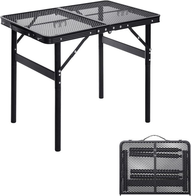 Grill Table Small Folding Table 2FT Foldable Camping Table Picnic Portable Mesh 2 Height Adjustable Outdoor Beach BBQ Black
