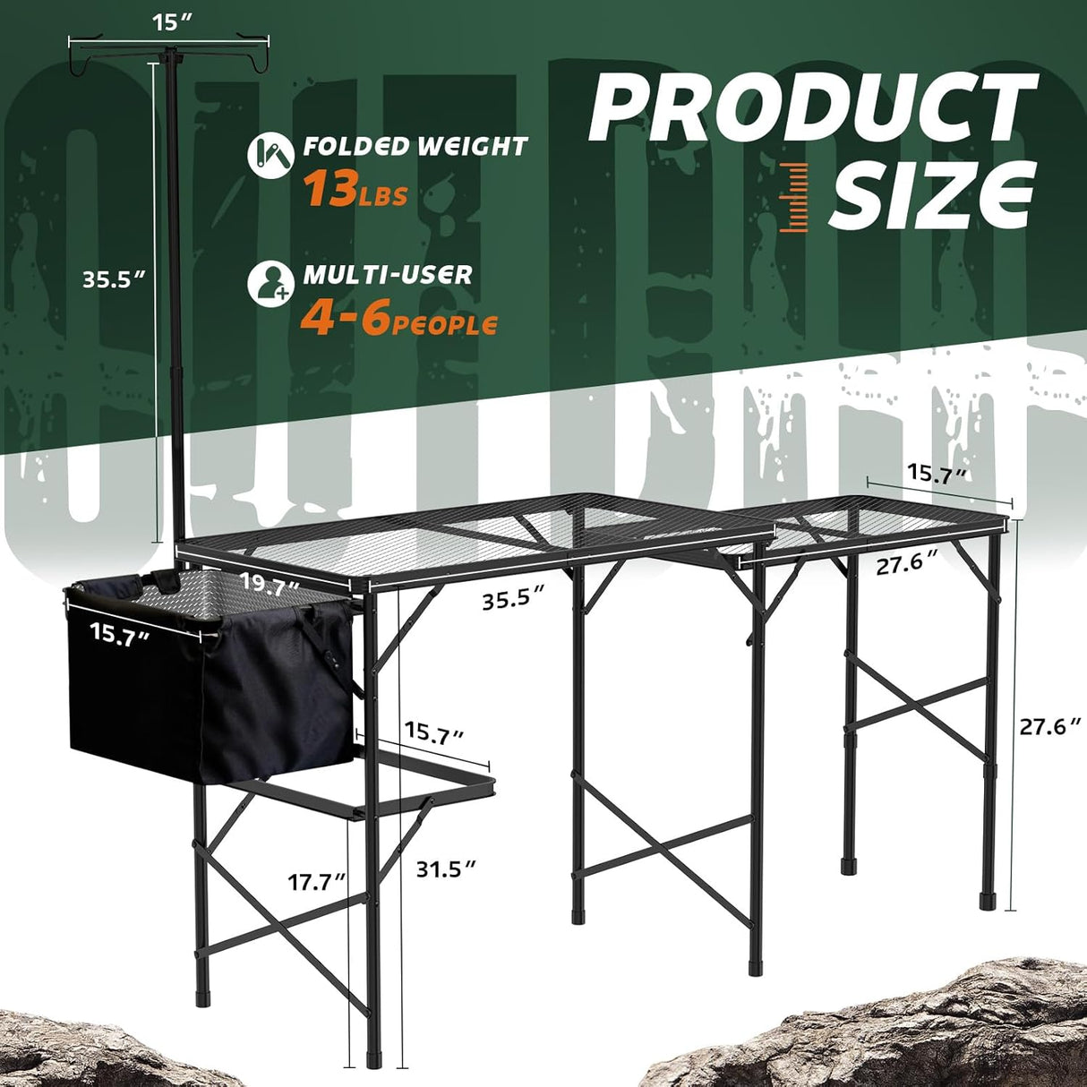 Folding Table with Sink and Double Shelf, Camping Table Height Adjustable Folding Grill Table, Portable Outdoor Table for