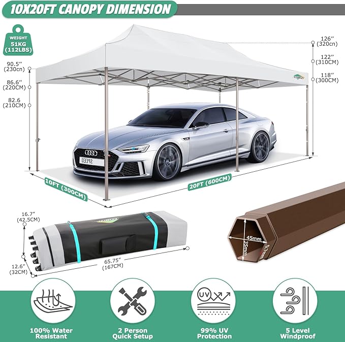 COBIZI 10x20 Pop Up Canopy Heavy Duty Without Sidewalls, Commercial Heavy Duty Pop Up Tent for Parties All Weather