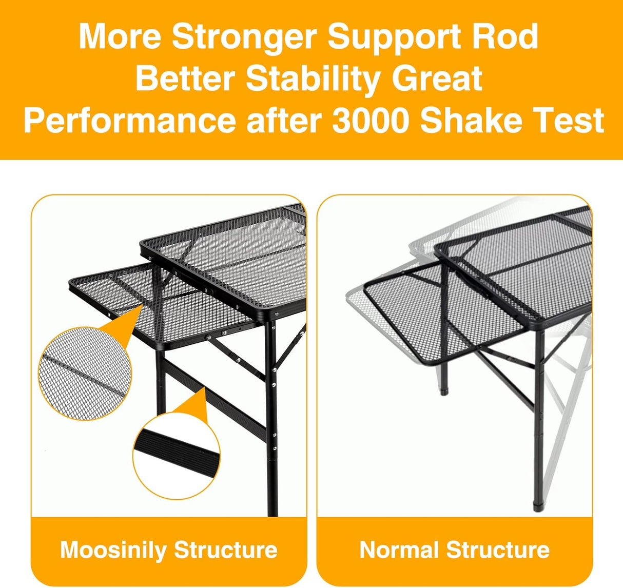 Grill Table 3FT+1.4 FT Folding Table with 2 Wing Panels with Mesh Desktop 2 Height Adjustable Portable Grill for Outdoor