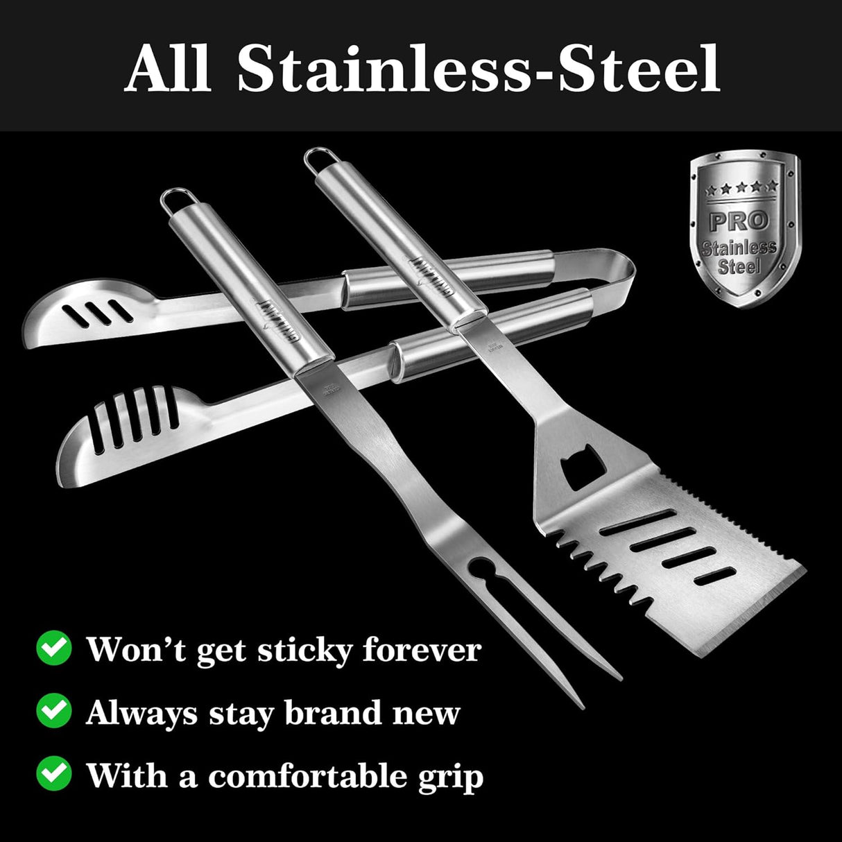 GRILLART Grill Tools Grill Utensils Set - 3PCS BBQ Tools, Stainless Barbeque Grill Accessories -Spatula/Tongs/Fork
