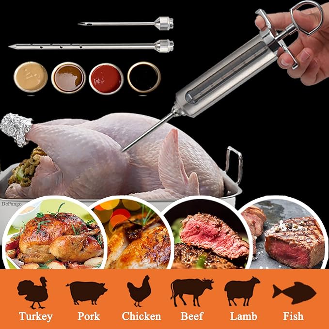 Meat Injector, Stainless Steel Marinade Injector Flavor Syringe Kit with 2-oz Measurement Window for Smoker Food BBQ Grill,