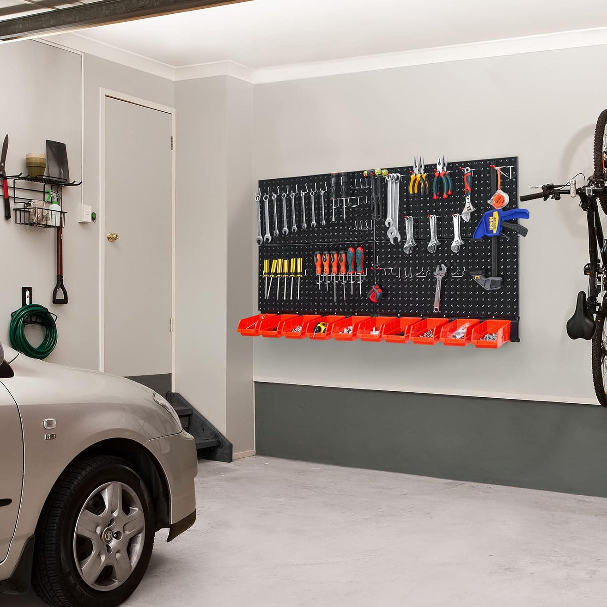 Ultrawall Pegboard Wall Organizer, Black Metal Pegboard Panels, Garage Storage System with Hooks and Storage Bins, 59pcs