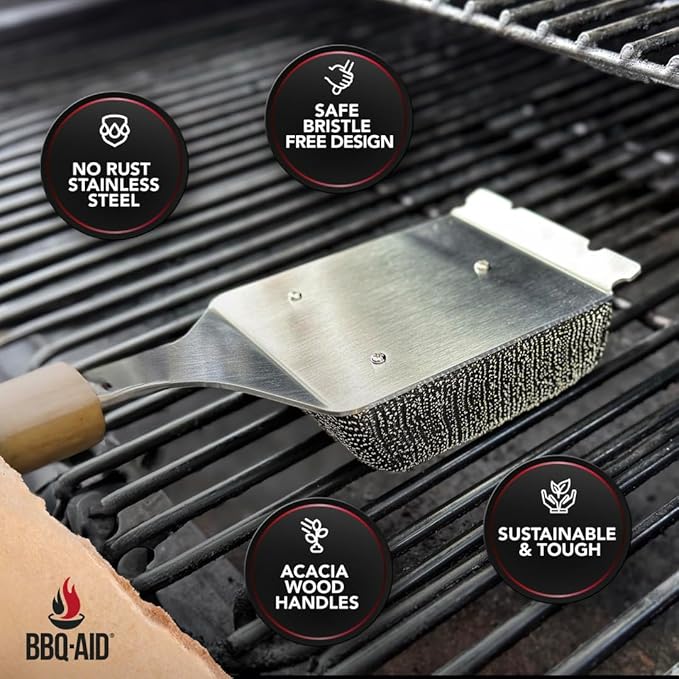 BBQ-AID Bristle Free Grill Brush and Scraper for Barbecue - Extended Large Wooden Handle With Replaceable Head - No Scratch