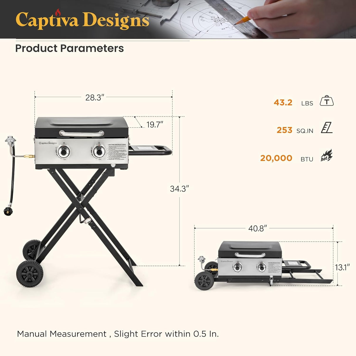 Captiva Designs 17 Inch 2 Burner Portable Propane Gas Griddle Grill with Lid, Outdoor Foldable Flat Top Grill with Stand for