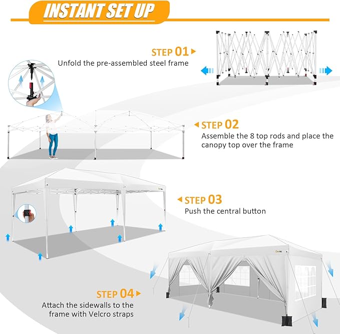 HOTEEL 10x20 Pop up Canopy with Sidewalls, One Push Outdoor Tents for Parties Waterproof Canopy Tent with Reinforce Rod,