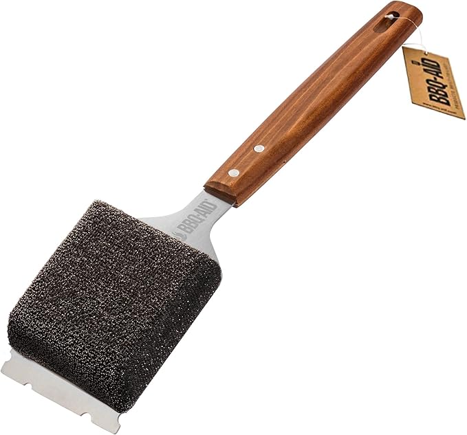 BBQ-AID Bristle Free Grill Brush and Scraper for Barbecue - Extended Large Wooden Handle With Replaceable Head - No Scratch