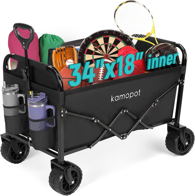 Large Collapsible Wagon Foldable for Beach, Yard, Grocery, Park, 34" x 18" Inner Storage. 300lb Heavy Duty Folding Utility