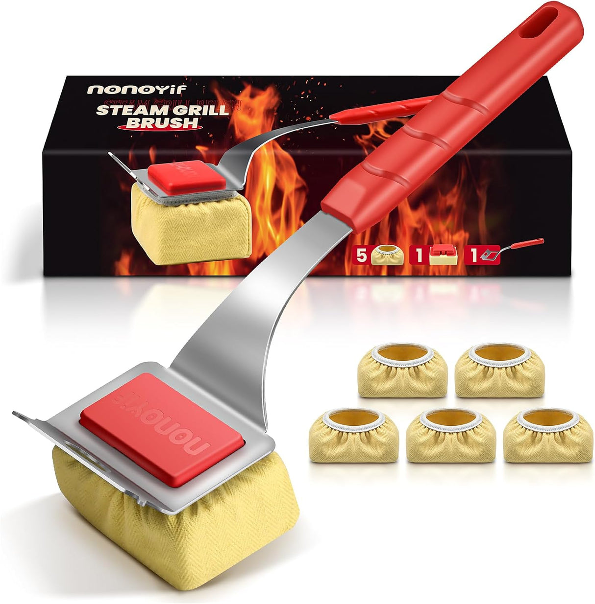 Grill Brush Bristle Free + 5 Replaceable Pads, Steam Grill Brush for Outdoor Grill, BBQ Grill Brush and Scraper for Cast