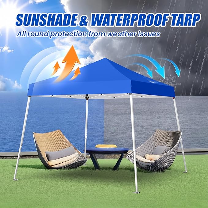 10x10 Pop Up Canopy, 300D Silver Coated Blue Fabric Outdoor Gazebo, Beach Tent Slant Legs with Storage Bag,Easy Up Sun Shade