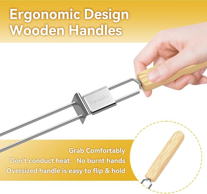 Skewers for Grilling, 17" (6 Pcs) Wooden Handle Double Pronged Stainless Steel Flat Kabob Skewers with Push Bar, Reusable