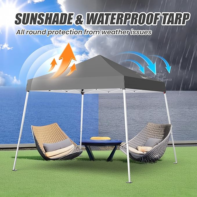 10x10 Pop Up Canopy, 300D Silver Coated Grey Fabric Outdoor Gazebo, Beach Tent Slant Legs with Storage Bag,Easy Up Sun Shade