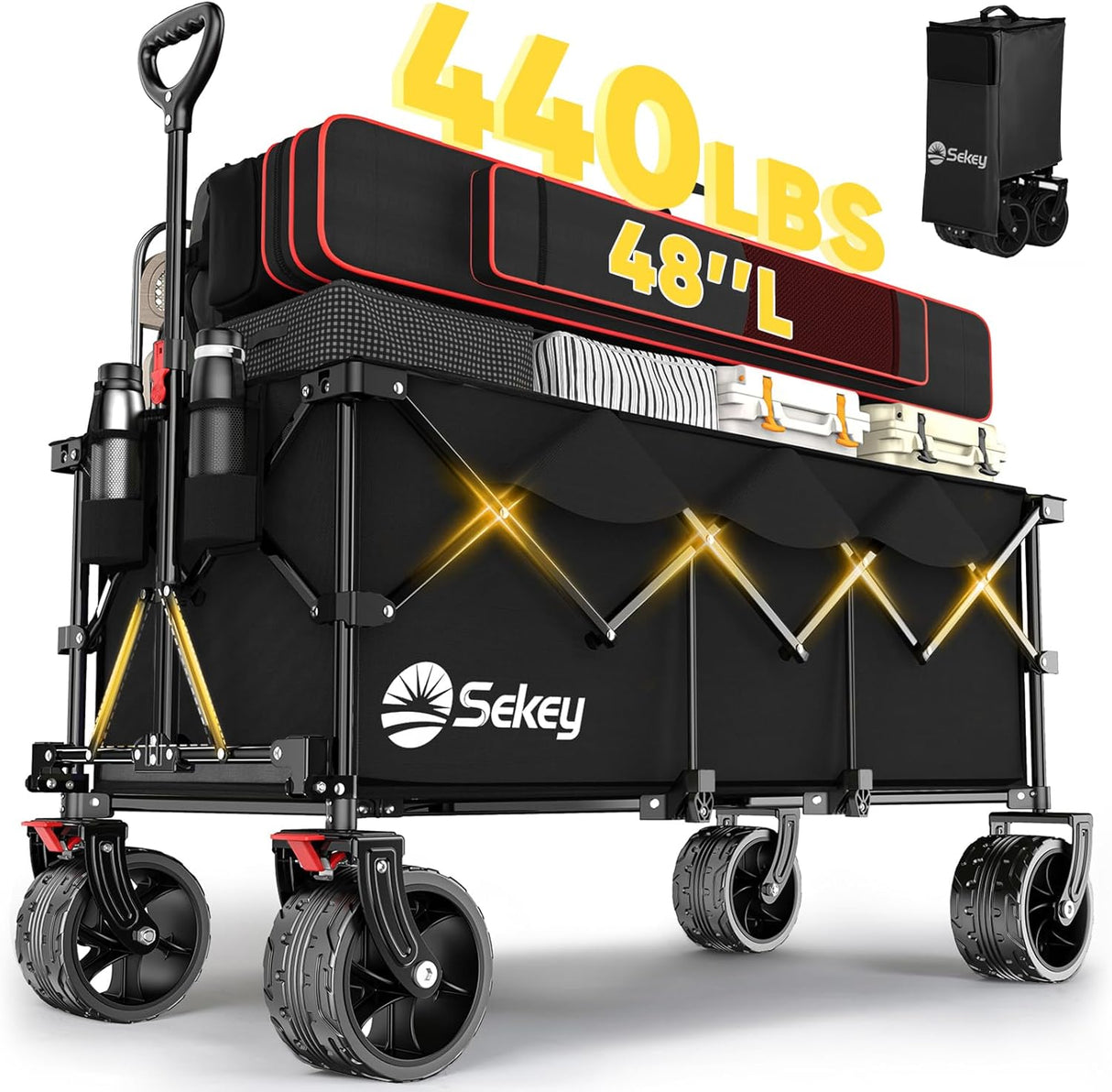 Sekey 48''L Collapsible Foldable Extended Wagon with 440lbs Weight Capacity, Heavy Duty 300L Folding Utility Garden Cart