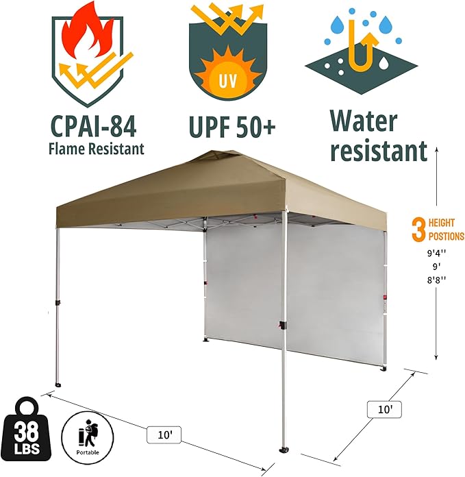 CROWN SHADES 10x10 Pop Up Canopy with 1 Side Wall - Beach Tent with One Push Setup - Outdoor Sun Shade for Events, Parties,