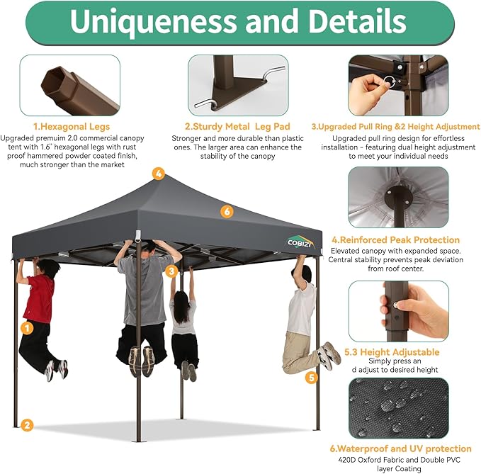 COBIZI 10x10 Pop Up Canopy Tent Heavy Duty with 4 Sidewall, Commercial Outdoor Easy Pop Up Gazebo for Party Wedding All