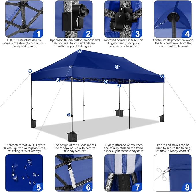 COBIZI 10x20 Pop up Canopy Heavy Duty Without Sidewalls, Easy Set-up Commercial Outdoor Party, 100% Waterproof Wedding