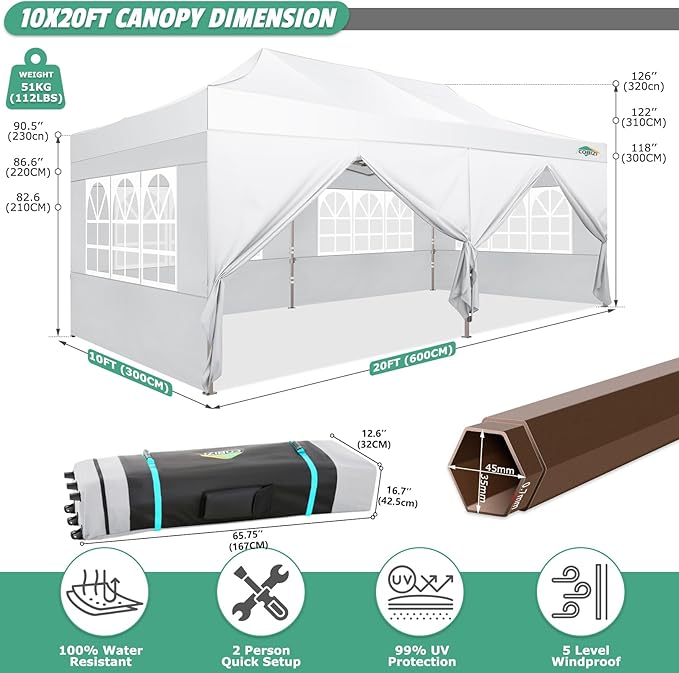 COBIZI 10x20 Pop Up Canopy Tent Heavy Duty with 6 Removable Sidewalls, Commercial Heavy Duty Pop Up Tent for Parties All