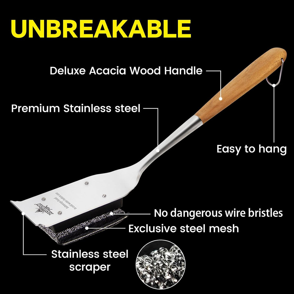 18” Steam Grill Brush Bristle Free,with Extended Luxurious Acacia Wood Handle,Safe Grill Cleaner for Outdoor