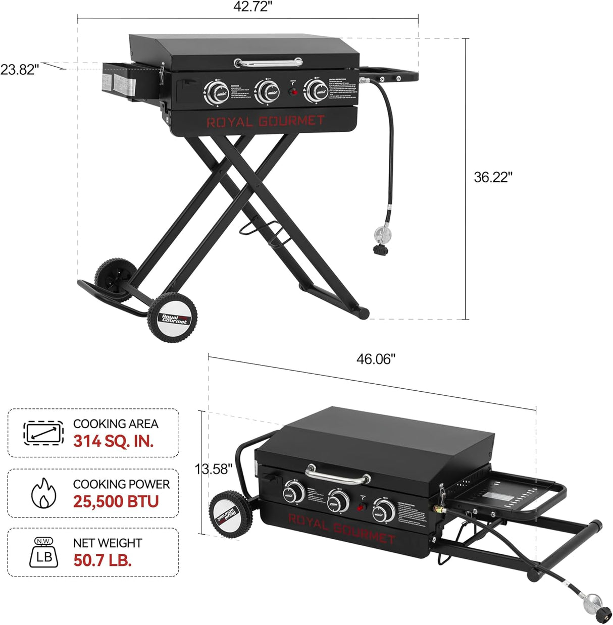 Royal Gourmet PD3001 3-Burner Propane Gas Griddle with Collapsible Stand, 23-Inch Portable Griddle with Side Table & 314 Sq.