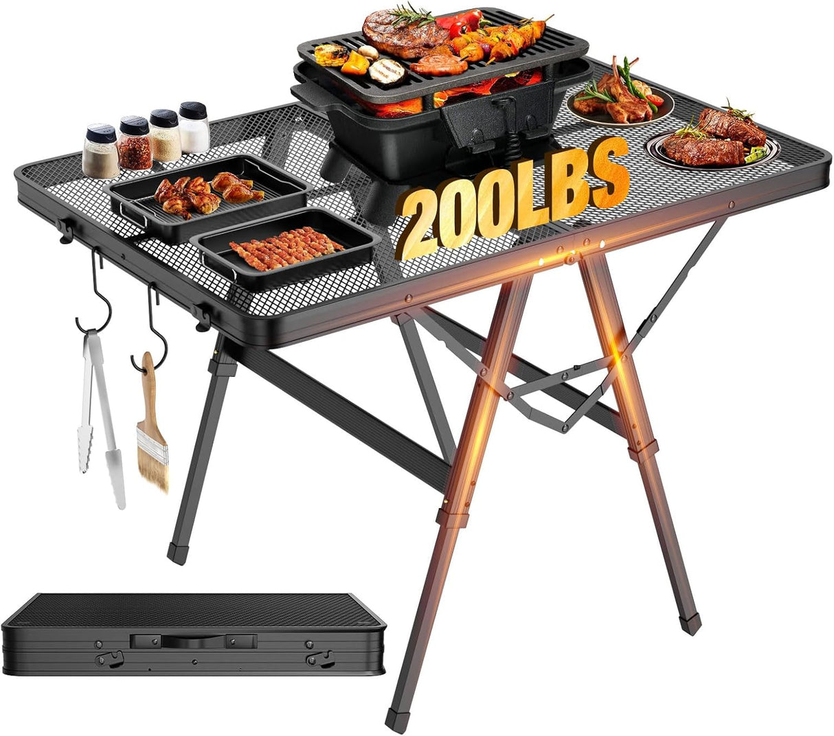 Foldable Grill Table with Mesh Desktop, 200lbs 3Ft Portable Folding Table, Height Adjustable Metal Table for Ourdoor,