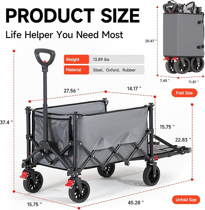 Collapsible Wagon Cart with Wheels Foldable,Folding Beach Wagons Carts Foldable for Grocery Shopping Camping Garden Fishing
