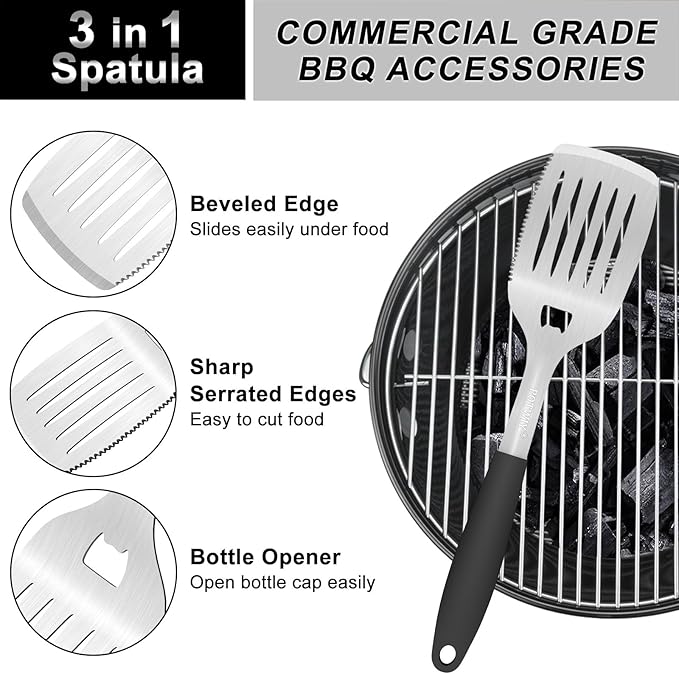 BBQ Grilling Accessories, 3Pcs Stainless Steel Grill Tools Accessories Set with Spatula, Fork and Tongs, Barbecue Utensils