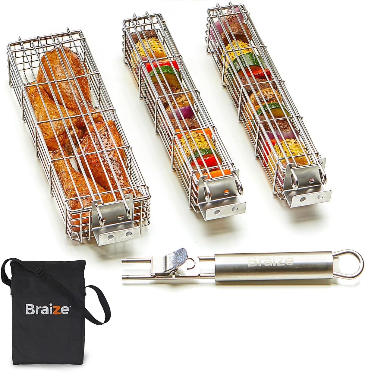 Kabob Grilling Baskets - Set of 3 Stainless Steel BBQ Baskets (12" x 2" x 2") with Removable Handle and Latching Lid - Great