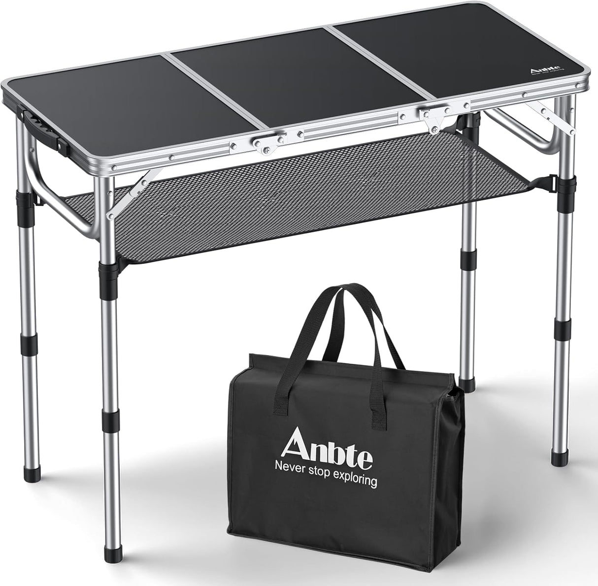 Folding Camping Table with Storage Net, 3ft Camping Table Aluminum Folding Table with 3 Adjustable Height Max 27.1 Inch