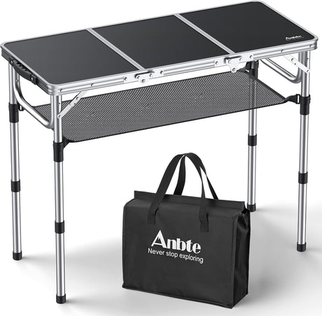 Folding Camping Table with Storage Net, 3ft Camping Table Aluminum Folding Table with 3 Adjustable Height Max 27.1 Inch