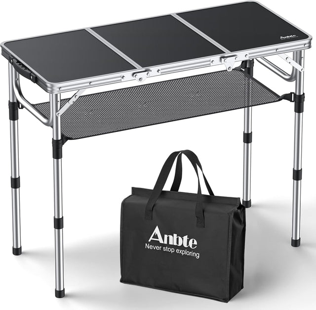 Folding Camping Table with Storage Net, 3ft Camping Table Aluminum Folding Table with 3 Adjustable Height Max 27.1 Inch